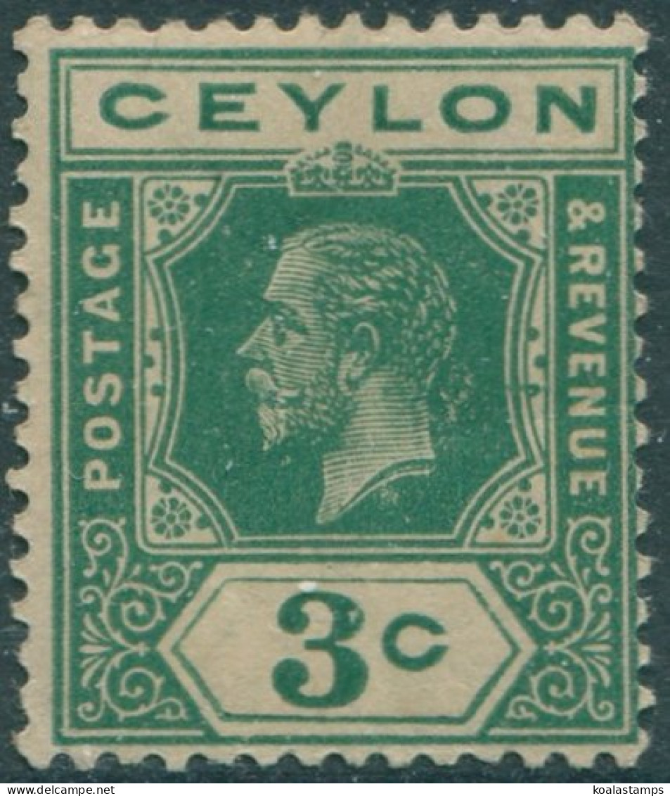Ceylon 1912 SG302 3c Blue-green KGV #1 MLH (amd) - Sri Lanka (Ceylon) (1948-...)