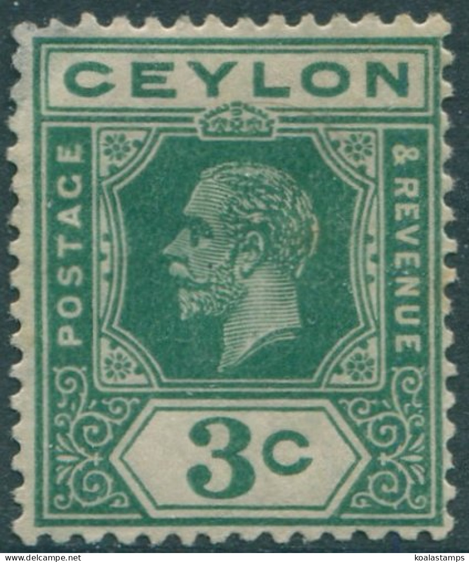 Ceylon 1912 SG302 3c Blue-green KGV #2 MLH (amd) - Sri Lanka (Ceylon) (1948-...)