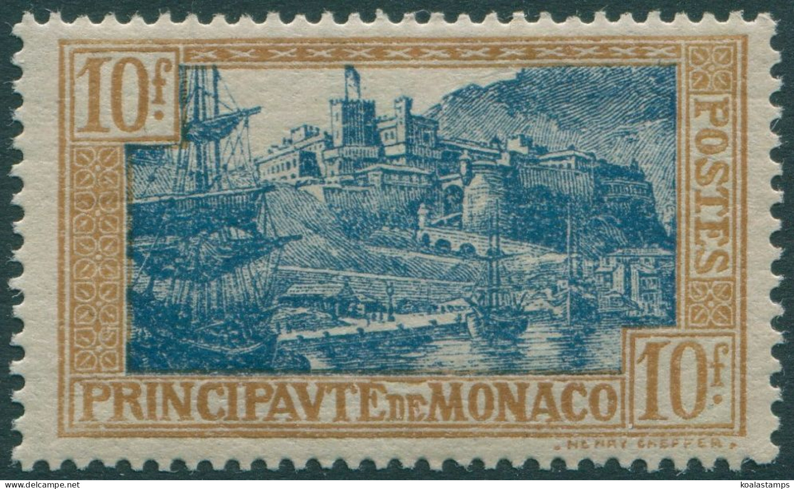 Monaco 1924 SG105 10f Blue And Brown Palace Overlooking Galleons MLH - Autres & Non Classés