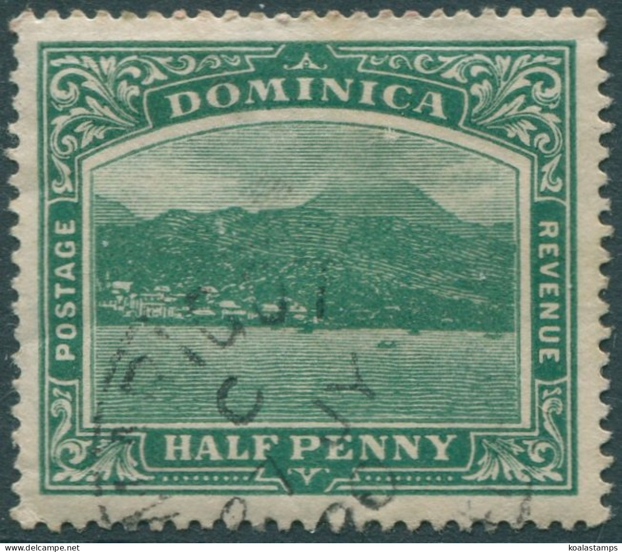 Dominica 1907 SG37 ½d Green KGV Roseau Mult Crown CA Wmk FU (amd) - Dominica (1978-...)