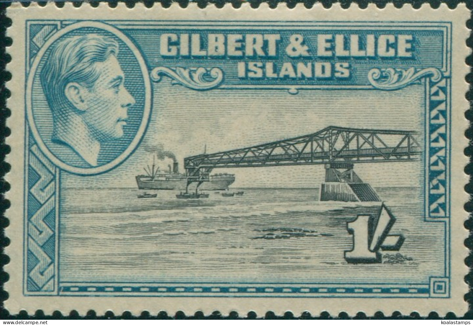 Gilbert & Ellice Islands 1939 SG51a 1/- Cantilever Jetty KGVI P12 MLH - Isole Gilbert Ed Ellice (...-1979)