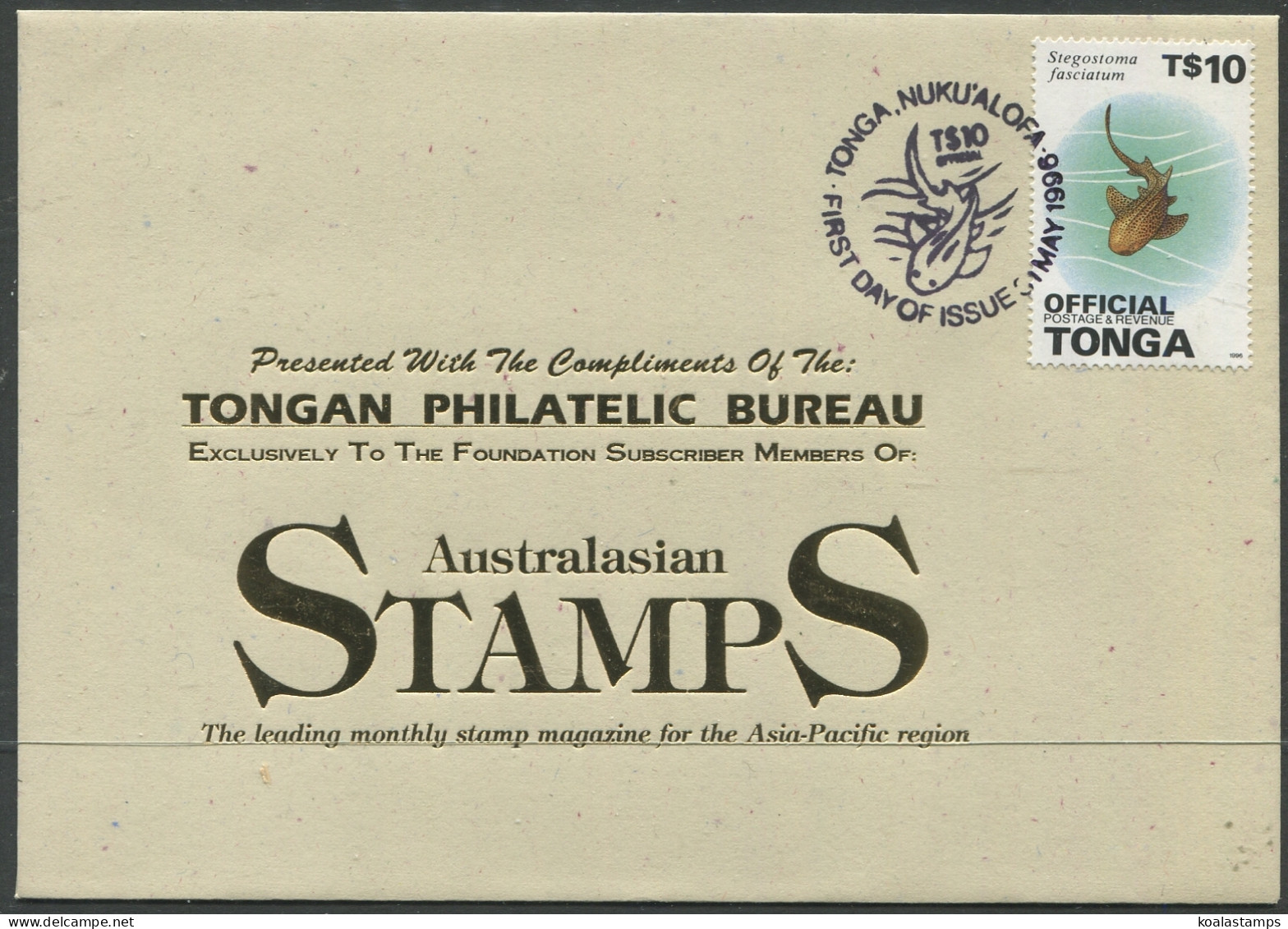 Tonga Official 1996 SGO260 $10 Variegated Shark FDC - Tonga (1970-...)