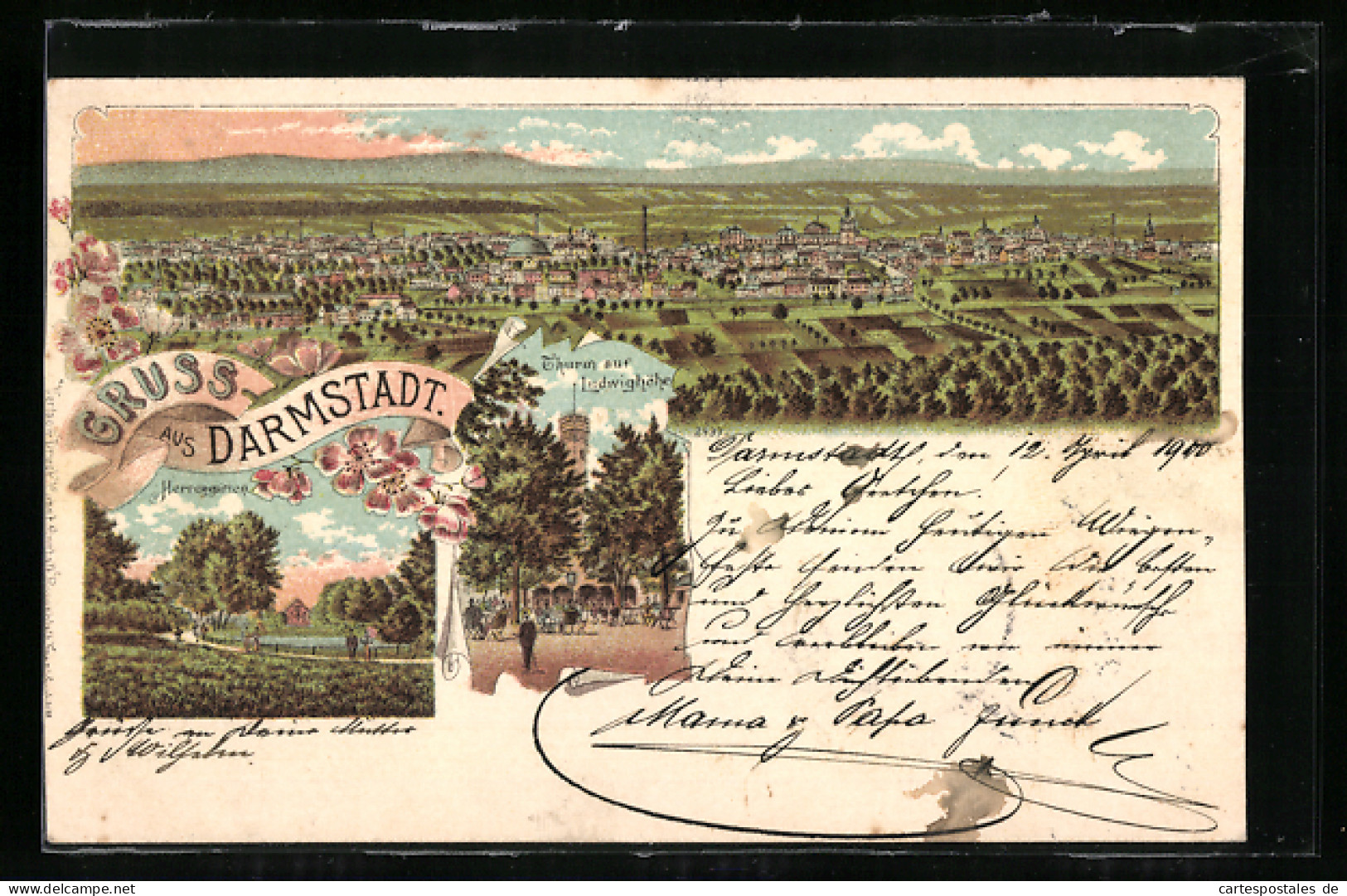 Lithographie Darmstadt, Panorama, Herrengarten, Turm Auf Der Ludwighöhe  - Darmstadt