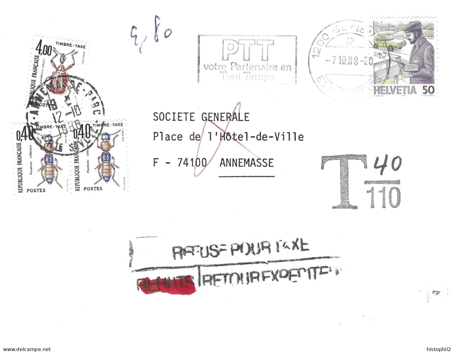 Taxe Mixte 4,80 F Insectes Et SATAS Annemasse 12/10/1988 Sur Lettre Limitrophe Insuffisamment Affranchie De Genève - 1960-.... Briefe & Dokumente