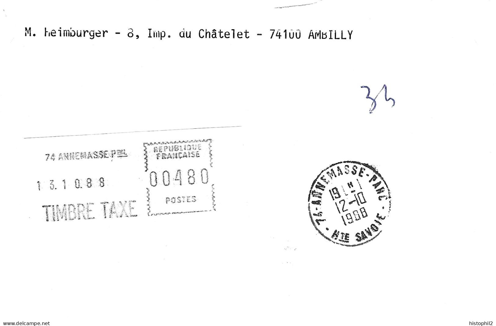 Taxe Mixte 4,80 F Insectes Et SATAS Annemasse 12/10/1988 Sur Lettre Limitrophe Insuffisamment Affranchie De Genève - 1960-.... Lettres & Documents