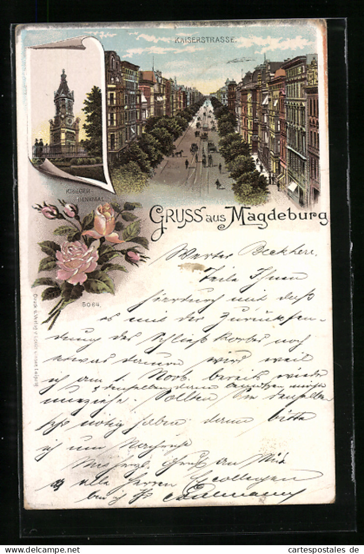 Lithographie Magdeburg, Kaiserstrasse, Kriegerdenkmal  - Magdeburg