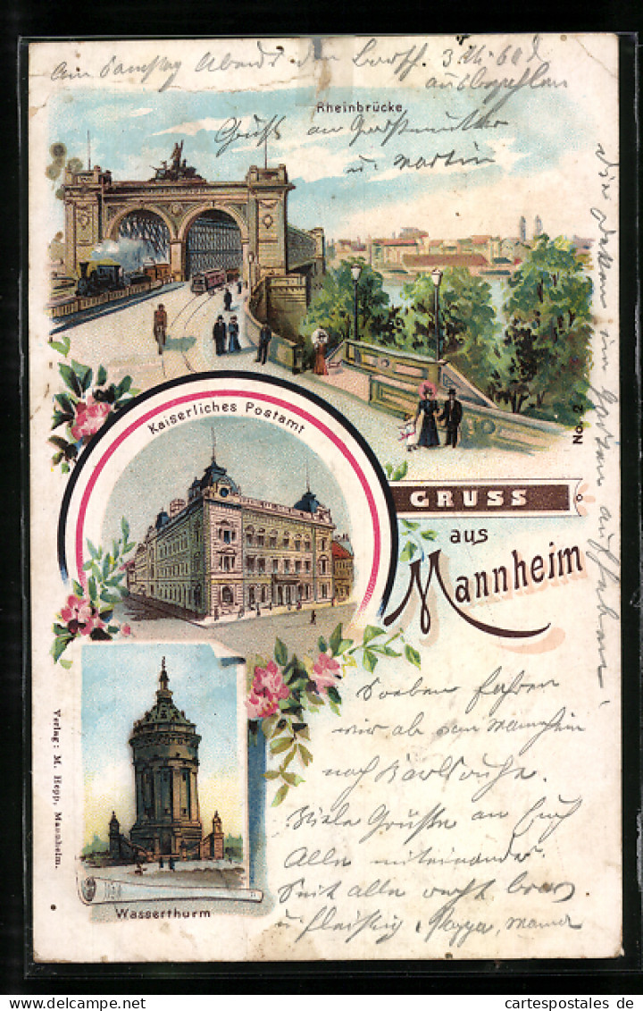 Lithographie Mannheim, Rheinbrücke, Kaiserliches Postamt, Wasserthurm  - Mannheim