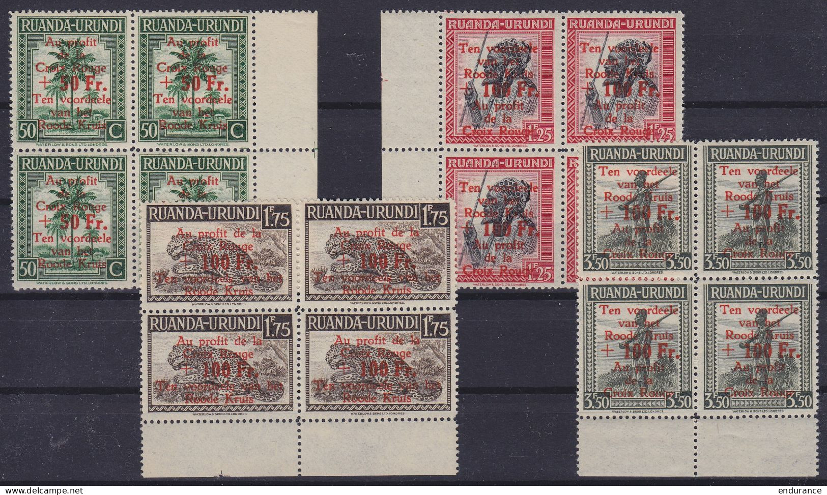 Ruanda-Urundi - N°150/53 ** Croix-Rouge 1944 En Blocs De 4 - Unused Stamps