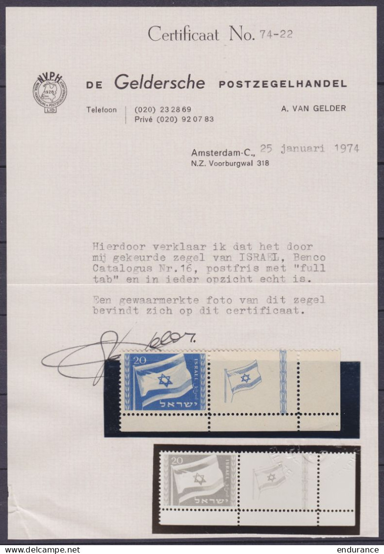 Israël - N°15 ** Avec Tab - Anniversaire De L'Etat 1949 - Certificat Van Gelder - Nuovi (con Tab)