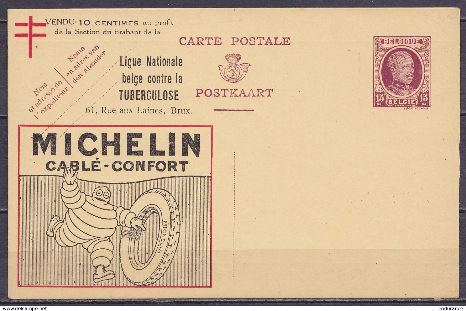 EP CP 15c Lilas Houyoux (type N°195) Repiqué "Ligue Contre La Tuberculose" & Illustré Pneus "Michelin / Cablé Confort" ( - Postkarten 1909-1934