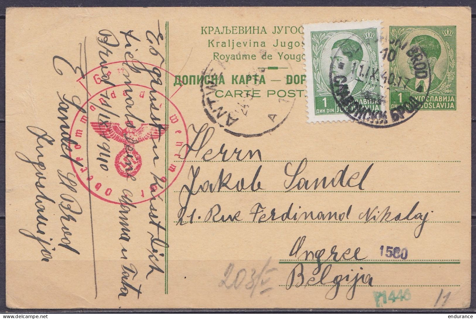 Yougoslavie - EP CP 1D + 1D SLAVONSKI BROD /11.IX.1940 Pour ANVERS - Cachet Censure Allemande & Càd Arrivée ANTWERPEN - Storia Postale