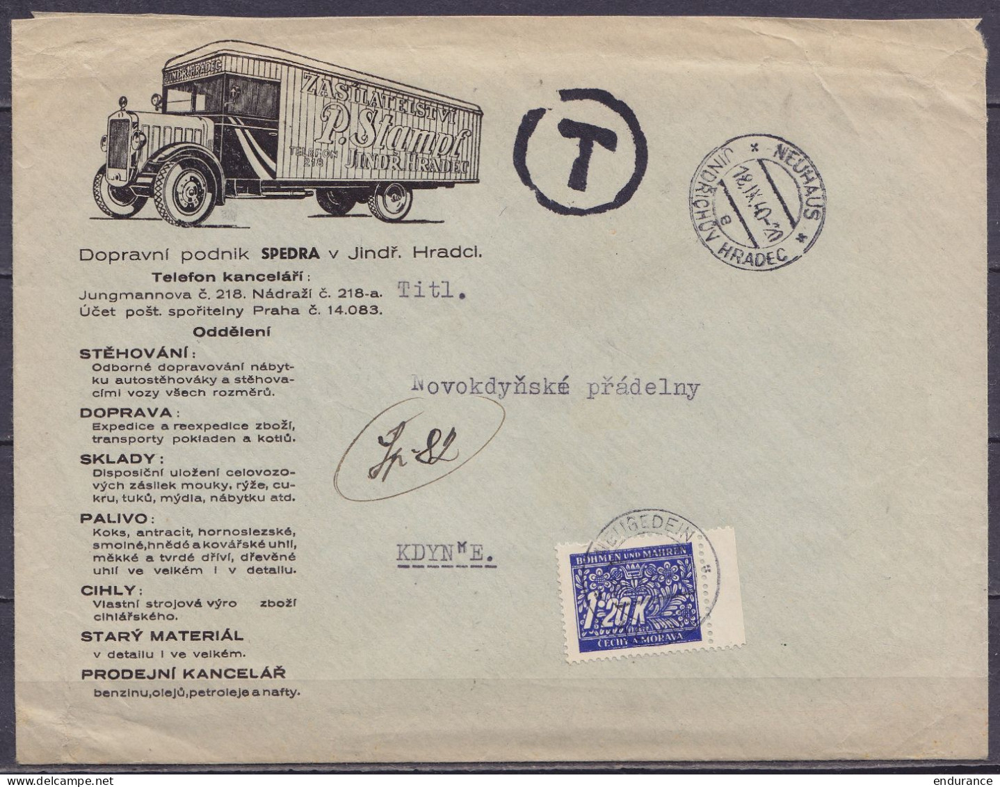 Bohême-Moravie - Env. "Transports Stampf" (camion) Non Affr. Càpt "NEUHAUS /18.IX.1940/ JINDŘICHŮV HRADEC" Taxé 1k20 à L - Brieven En Documenten