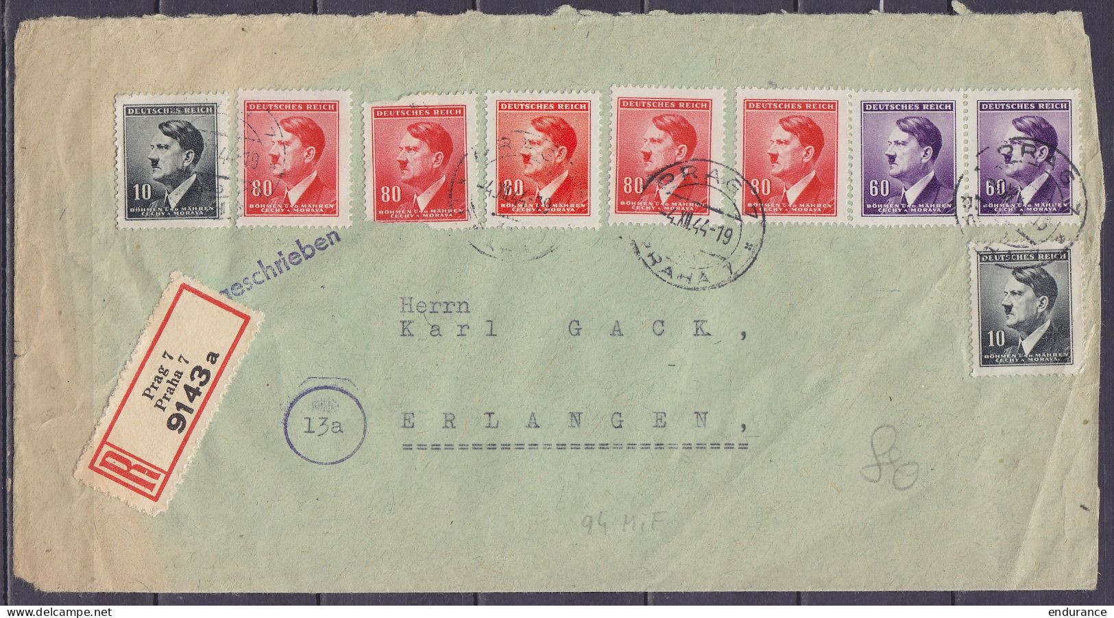 Bohême-Moravie - Env. Recommandée Affr. 540h Càpt PRAG /-4.XII.1944/ PRAHA Pour ERLANGEN Allemagne (au Dos: Càpt Arrivée - Cartas & Documentos