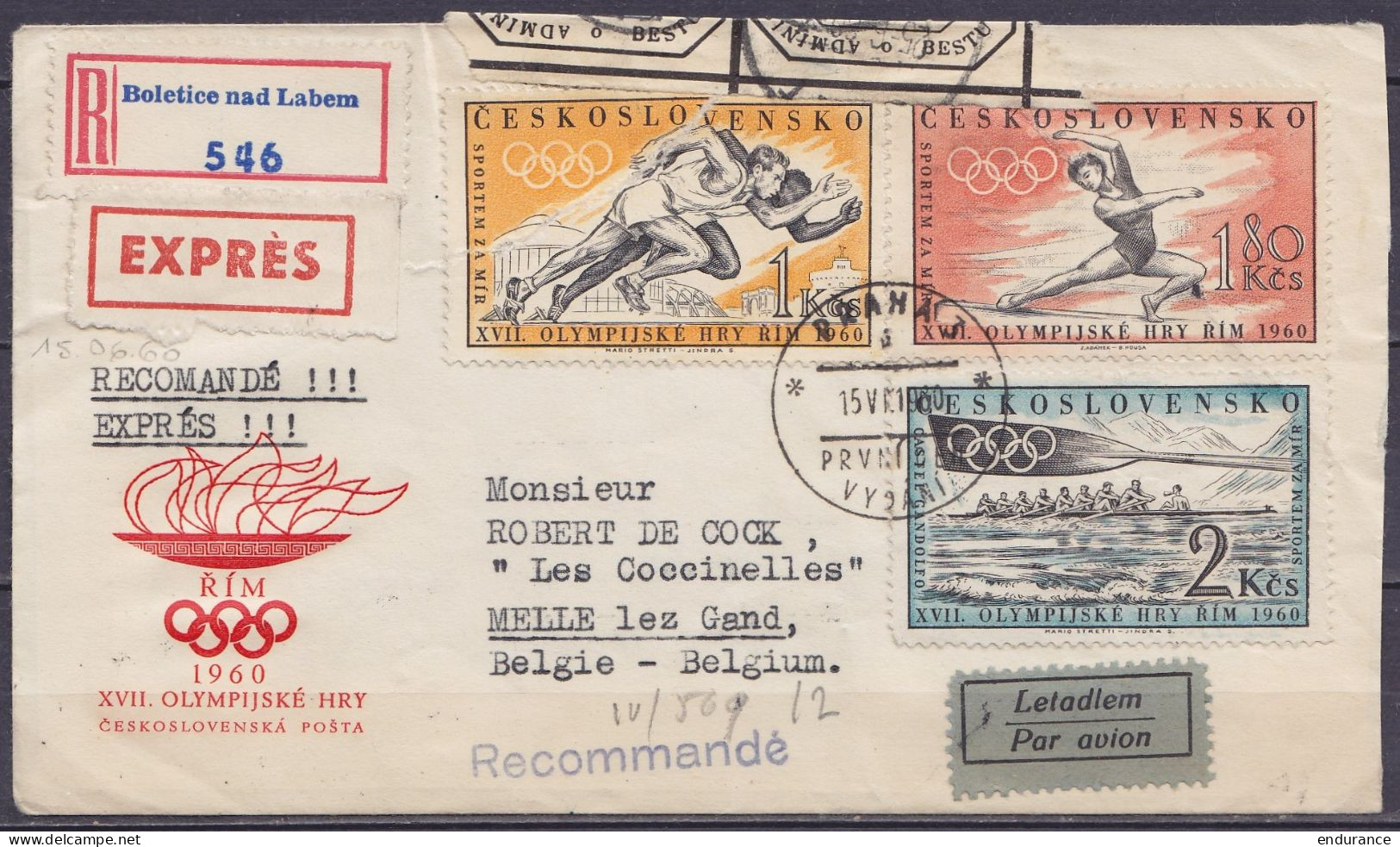 Tchécoslovaquie - Env. 1e Jour Jeux Olympiques 1960 En Recommandé Par Avion & Exprès Affr. Série JO Càd PRAHA /15 VI 196 - Covers & Documents