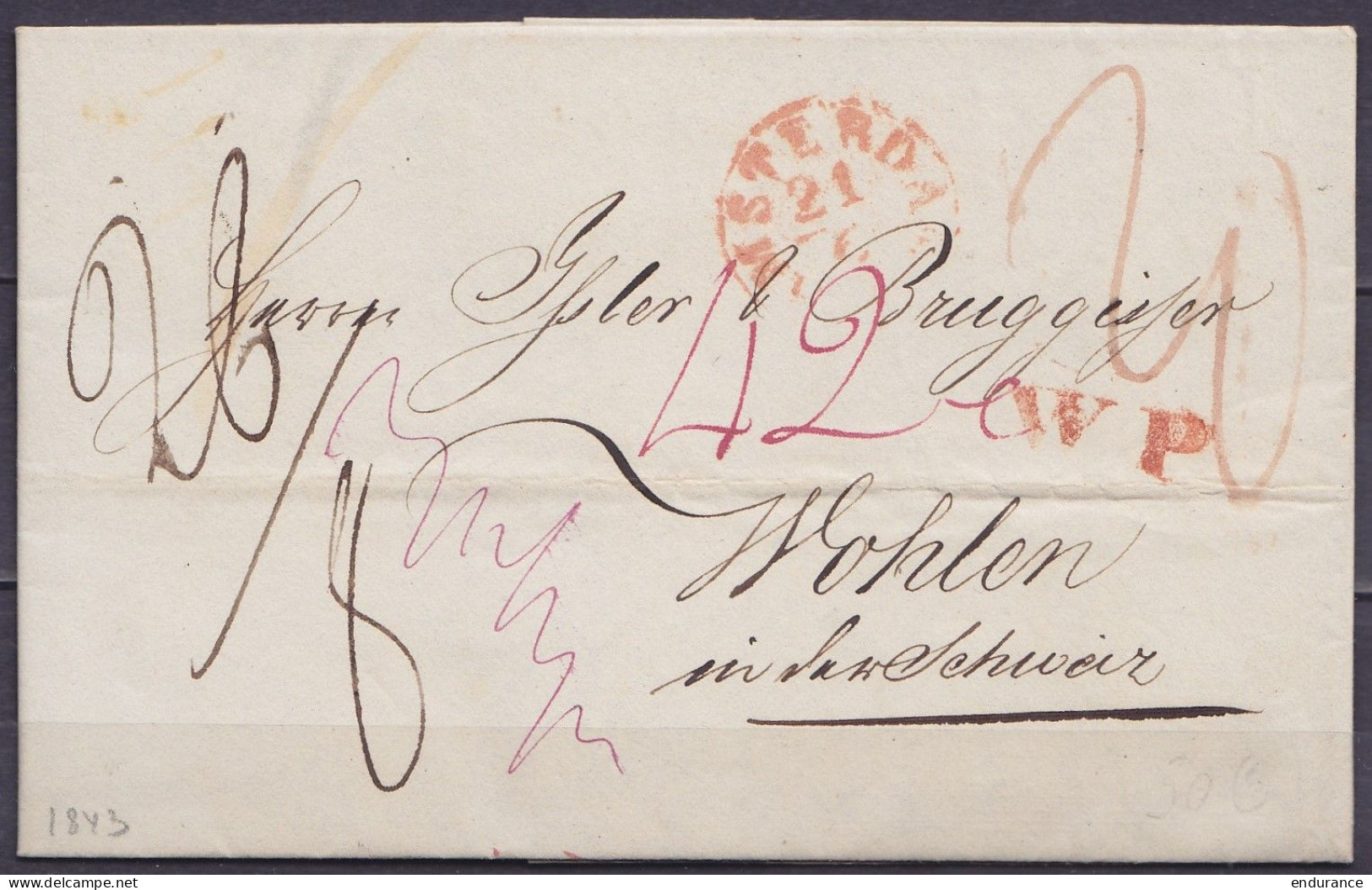 Pays-Bas - L. Datée 20 Juin 1843 De AMSTERDAM Càd AMSTERDAM /21/6 Pour WÖHLEN Suisse - Ports Divers - ...-1852 Voorlopers