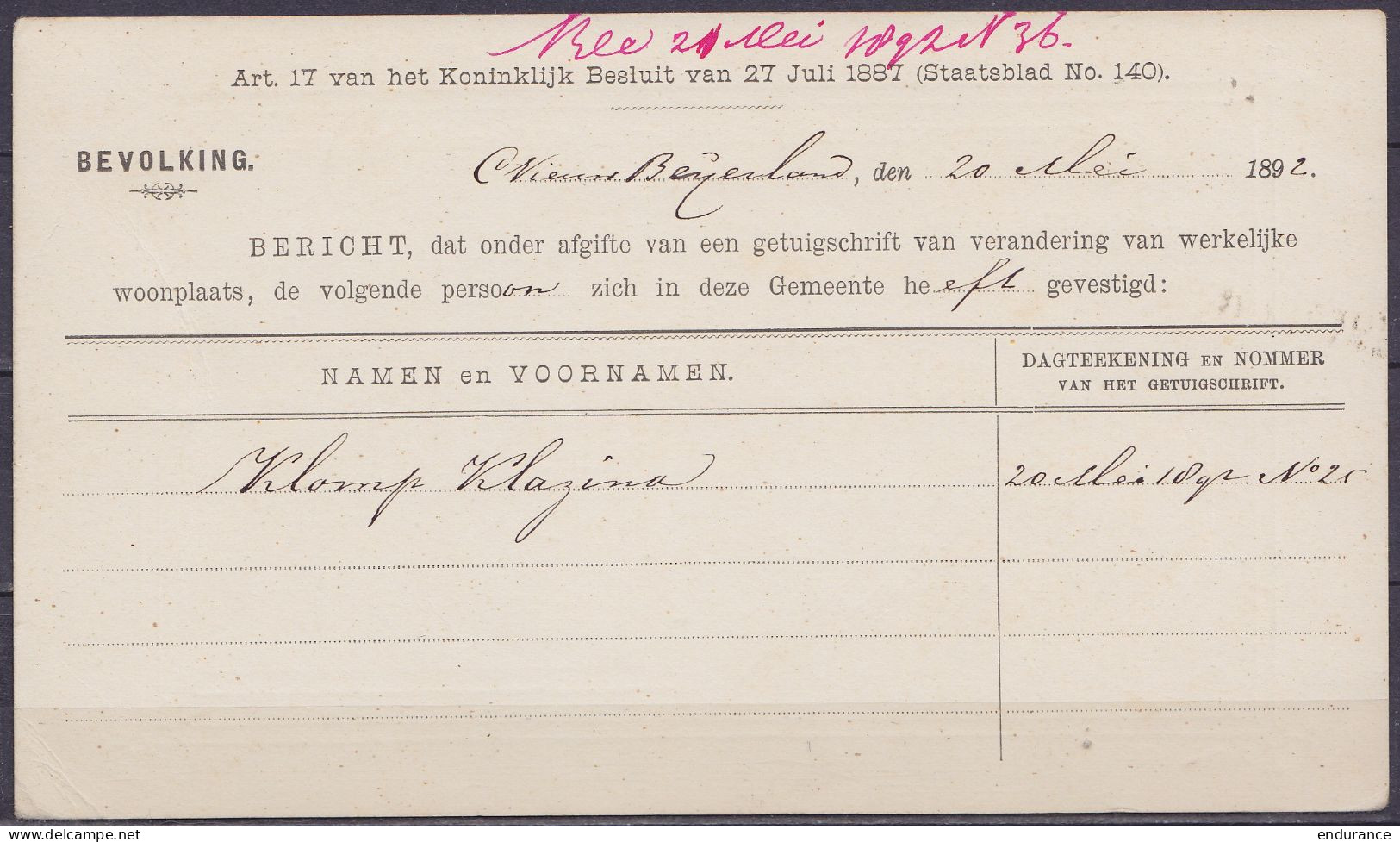 Pays-Bas - Imprimé Daté 20 Mai 1892 De NIEUW-BEIJERLAND Pour ZUIDLAND - Lettres & Documents