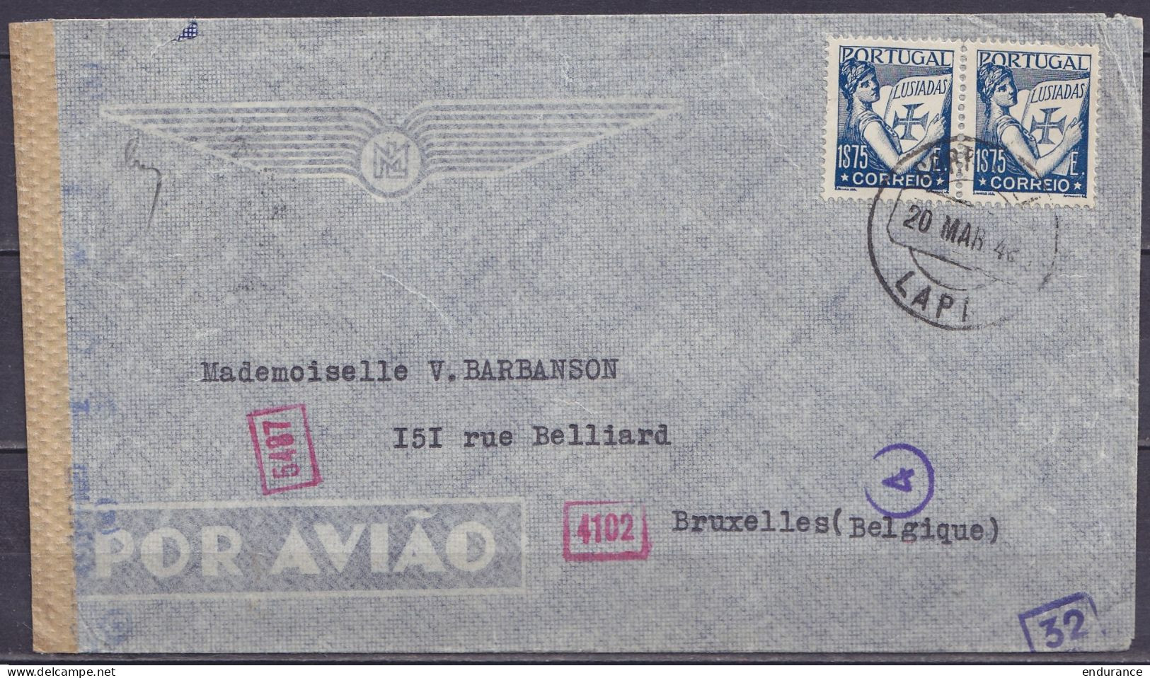 Portugal - Env. Par Avion Affr. 2x 1$75 Càd LAPA /20 MAR 1942 (Lisbonne) Pour BRUXELLES Belgique - Bande Et Cachet Censu - Covers & Documents