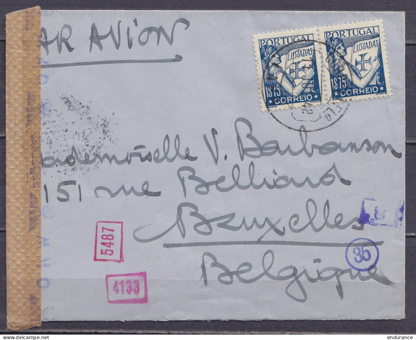 Portugal - Env. Par Avion Affr. 2x 1$75 Càd LAPA /11 JUL1942 (Lisbonne) Pour BRUXELLES Belgique - Bande Et Cachet Censur - Lettres & Documents