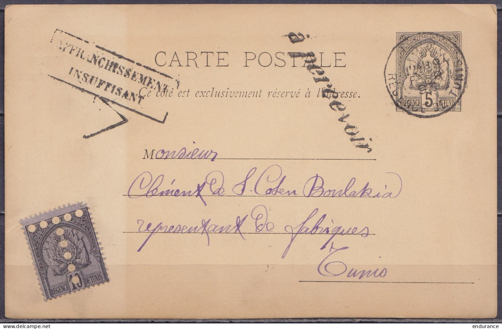 Tunisie - EP CP 5c Noir Càd "TUNIS /19 FEVR 1893/ REGENCE DE TUNIS" Pour E/V - Taxée à L'arrivée - Griffes "à Percevoir" - Brieven En Documenten