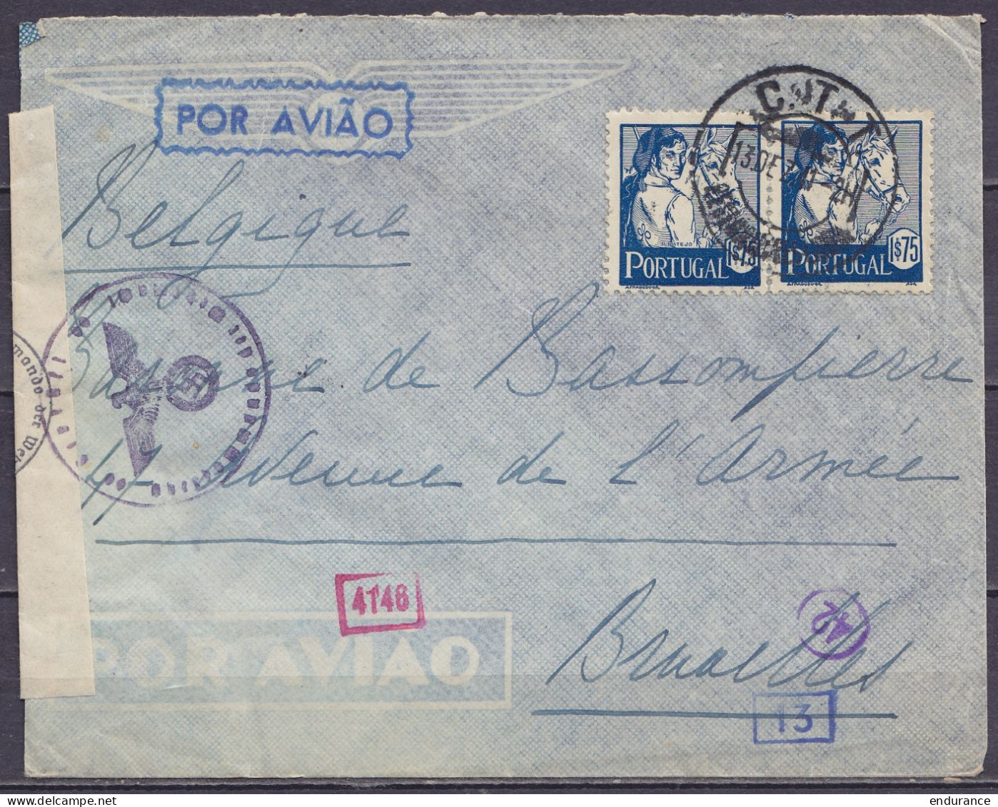 Portugal - Env. Par Avion Affr. 2x 1$75 Càd LISBOA /13 DEZ 1941 Pour BRUXELLES Belgique - Bande Et Cachet Censure Allema - Briefe U. Dokumente