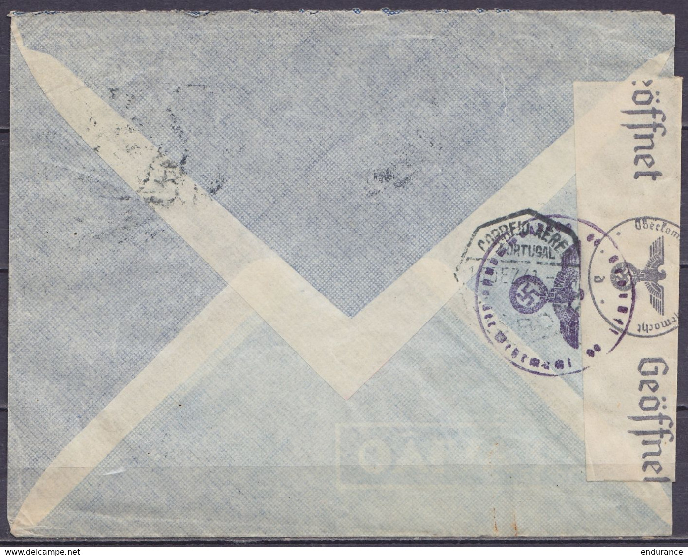 Portugal - Env. Par Avion Affr. 2x 1$75 Càd LISBOA /13 DEZ 1941 Pour BRUXELLES Belgique - Bande Et Cachet Censure Allema - Briefe U. Dokumente