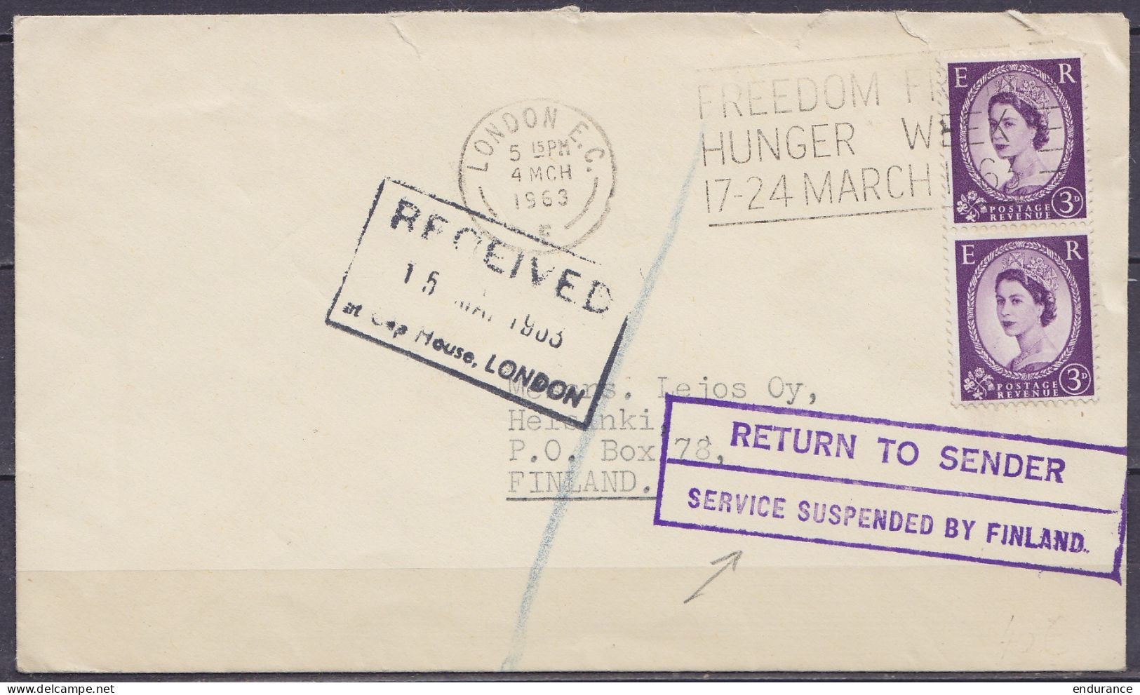 Grande Bretagne - Env, Affr. 3d Flam. LONDON E.C./4 MCH 1963 Pour HELSINKI Finlande - Retour à Londres - Cachet [RETURN  - Lettres & Documents