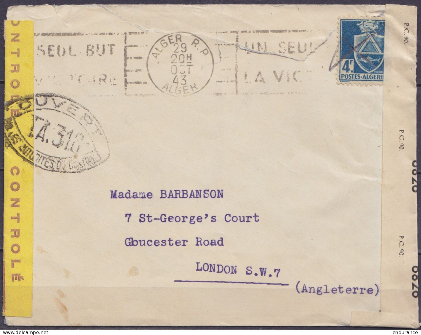 Algérie - Env. Affr. 4F Flam. "ALGER R.P. /29 OCT 1943/ UN SEUL BUT / LA VICTOIRE" Pour LONDON Bandes Et Cachet Censure  - Lettres & Documents