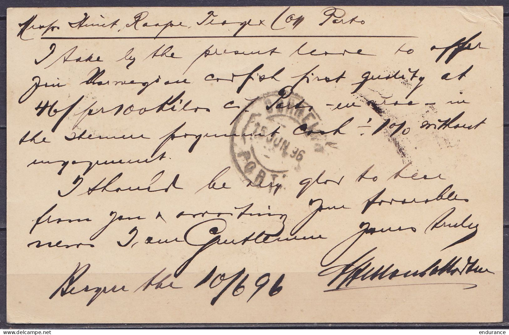 Norvège - EP CP 5ö Càd BERGEN /10.VI.1896 Pour PORTO Portugal (au Dos: Càd Arrivée PORTO) - Cartas & Documentos