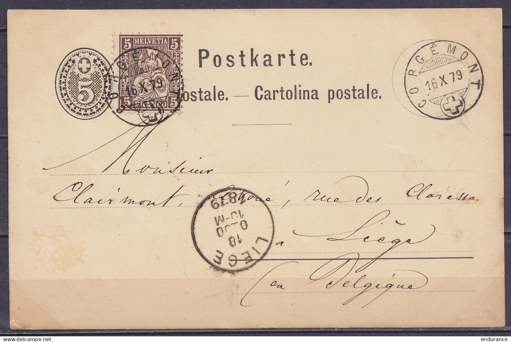 Suisse - EP CP 5c Noir + 5c Càpt CORGEMONT /16 X 1879 Pour LIEGE - Covers & Documents