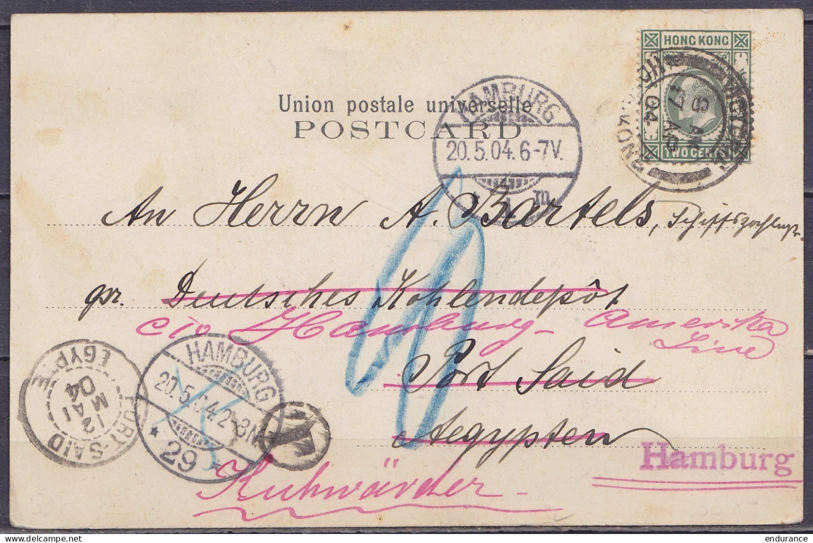 Hong Kong - CP Affr. 2c Càd VICTORIA /17 AP 1904 Pour PORT-SAÏD Réexpédiée à HAMBURG Allemagne - Càd PORT-SAÏD & Arrivée - Cartas & Documentos