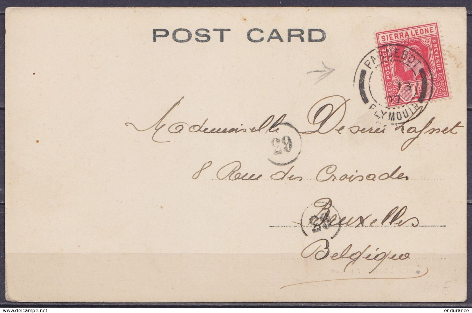 Sierra Leone - CP Freetown Affr.1d Càd "PAQUEBOT /? 13 1907/ PLYMOUTH" Pour BRUXELLES - Sierra Leona (...-1960)