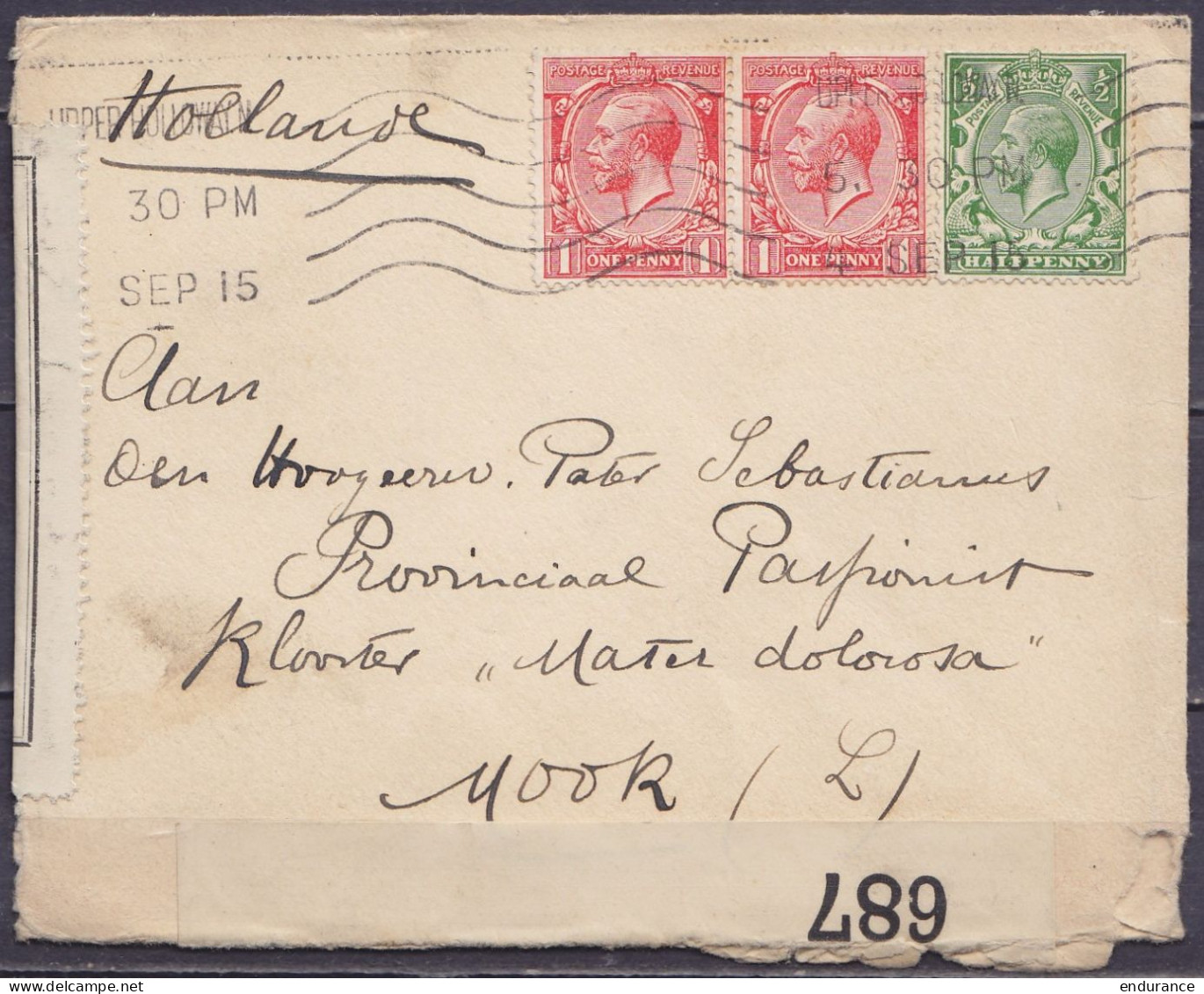 Grande Bretagne - Env, Affr. 2½d Flam. UPPER HOLLOWAY N./4 SEP 1915 Pour MOOK Hollande - Bandes Censures UK & Hollandais - Storia Postale