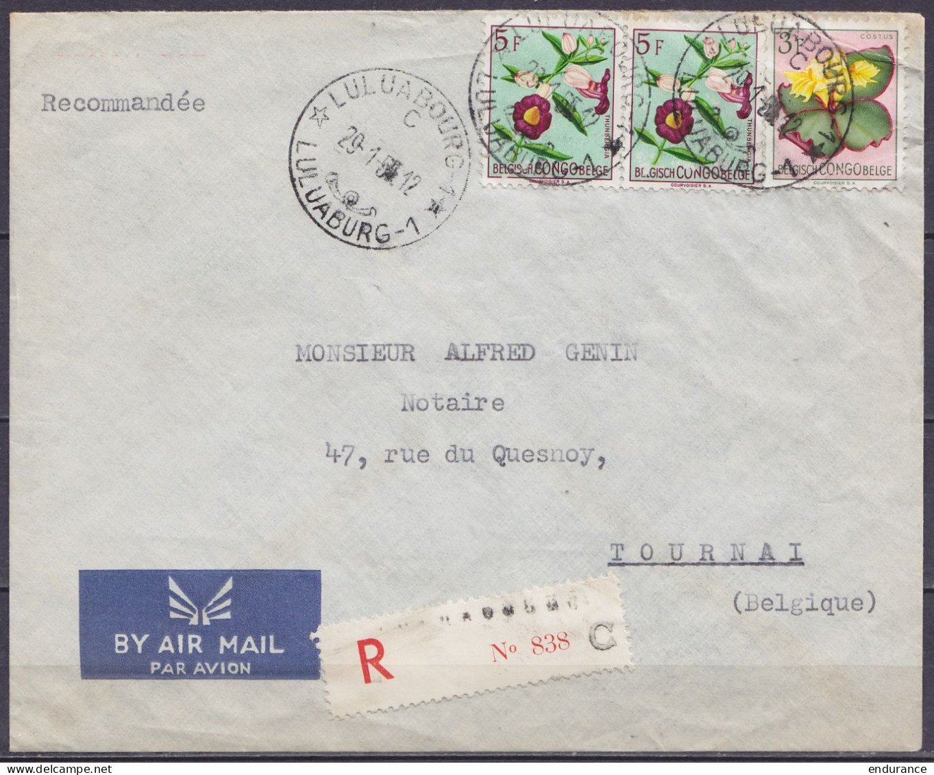 Congo Belge - Env. Recommandée Par Avion Affr. N°314 + 2x N°316 Càd LULUABOURG-1 /29-1-1955/ LULUABURG-1 Pour TOURNAI - Briefe U. Dokumente