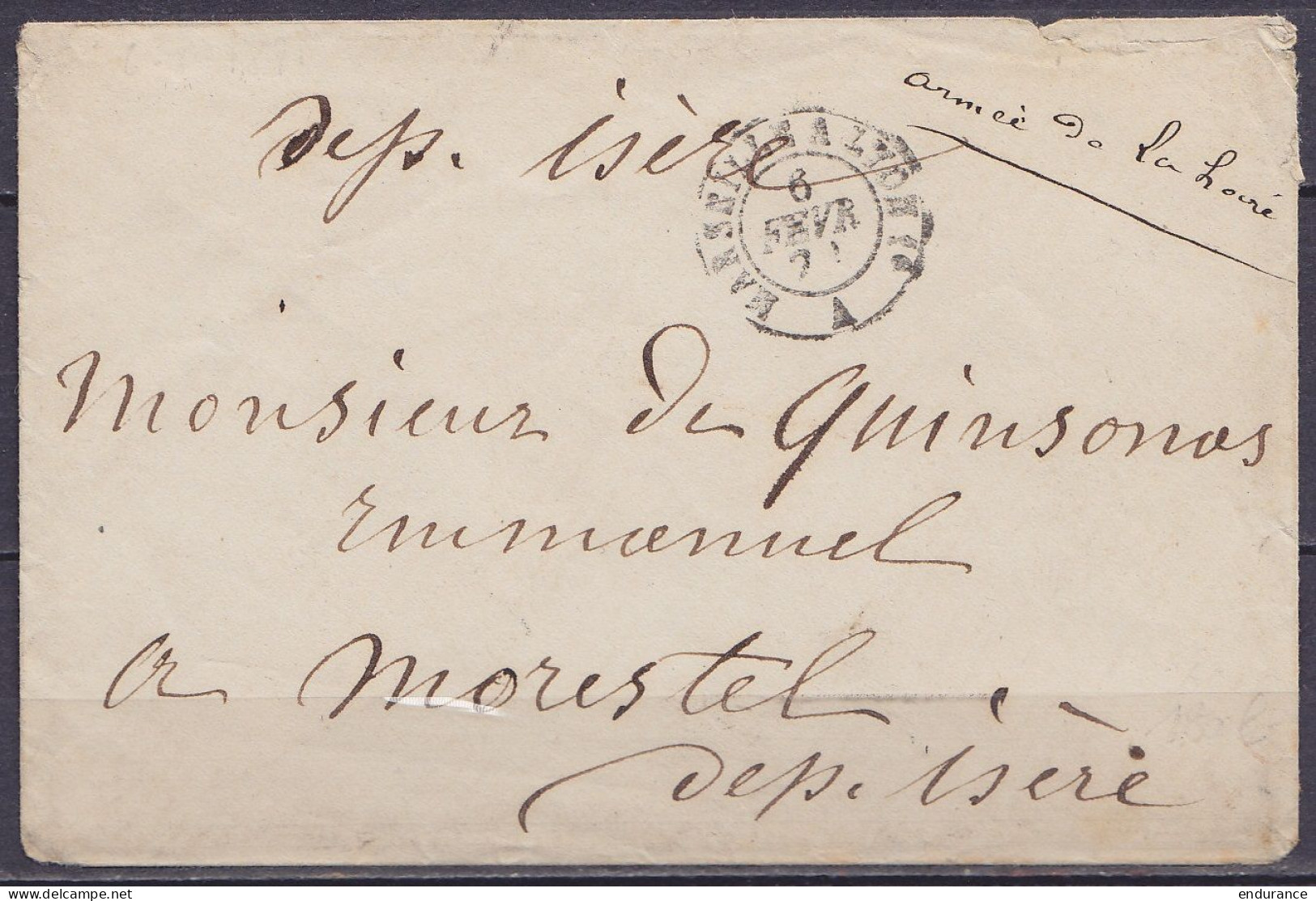 France - Env. En Franchise "Armée De La Loire" Càd Ambulant "MARSEILLE A LYON /6 FEVR. 1871" Pour MORESTEL Isère (au Dos - Legerstempels (voor 1900)