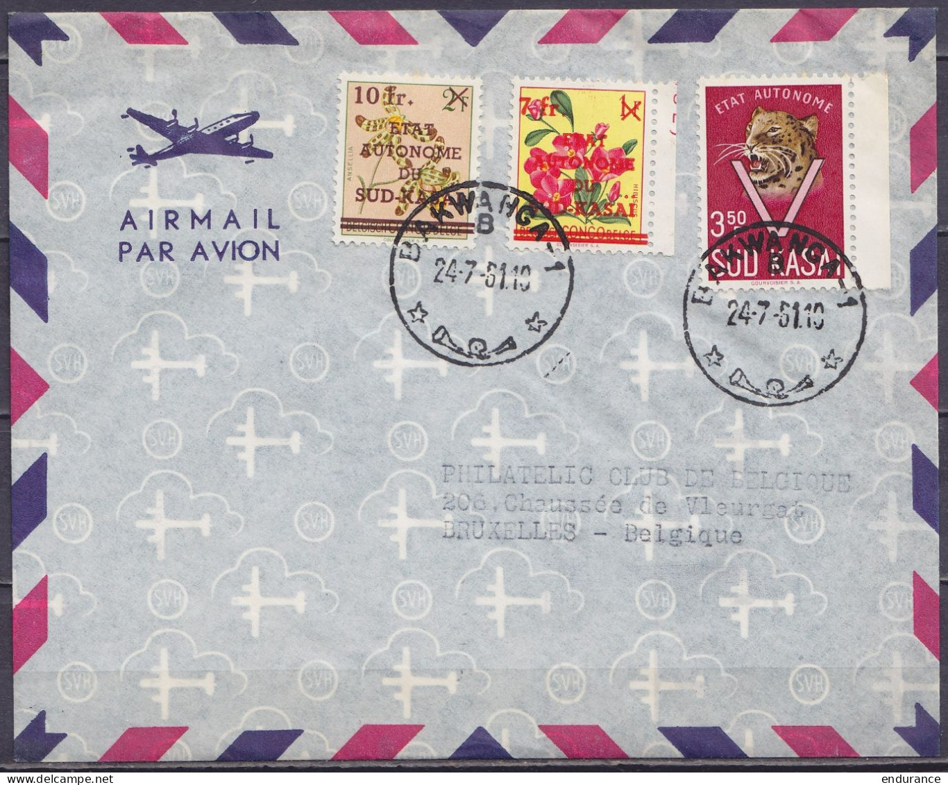 Sud-Kasaï - Env. Par Avion Affr. N°12+13+22 Càd BAKWANGA-1 /24-7-1951 Pour BRUXELLES - Sur Kasai