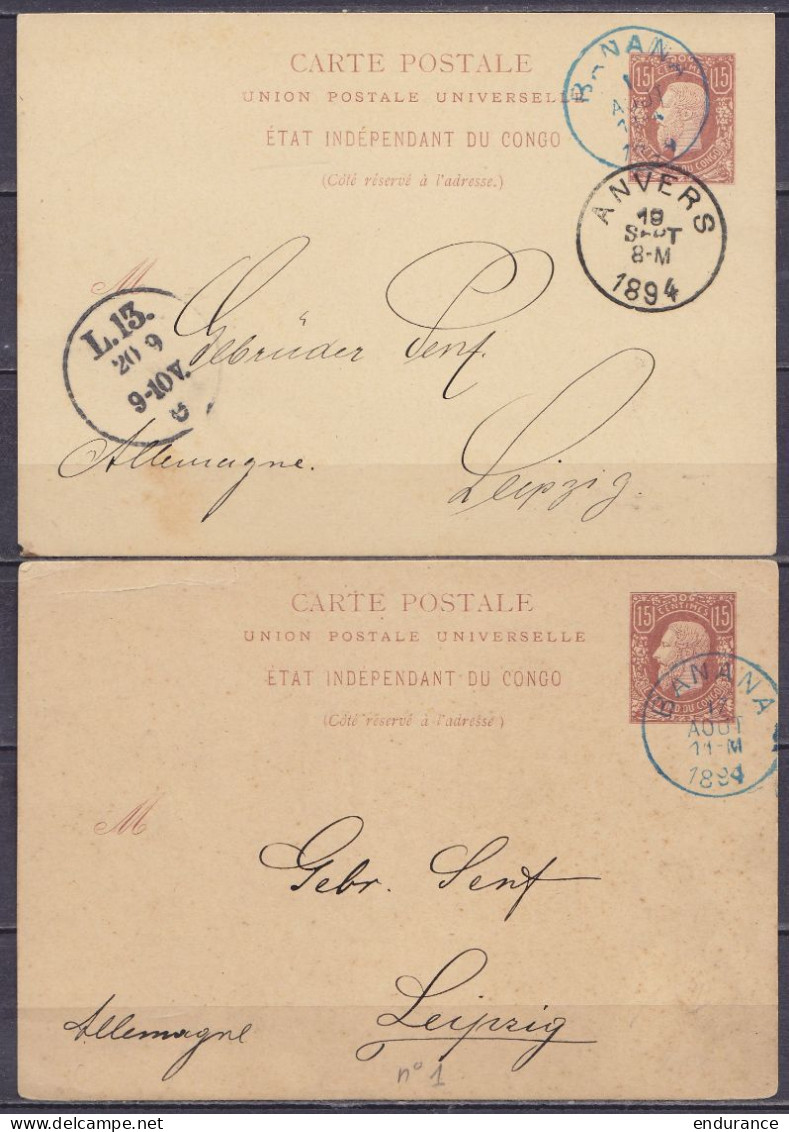 Etat Indépendant Du Congo - Lot De 2 EP CP 15c Brun Càd BANANA 1894 Pour LEIPZIG Allemagne Via ANVERS - Postwaardestukken
