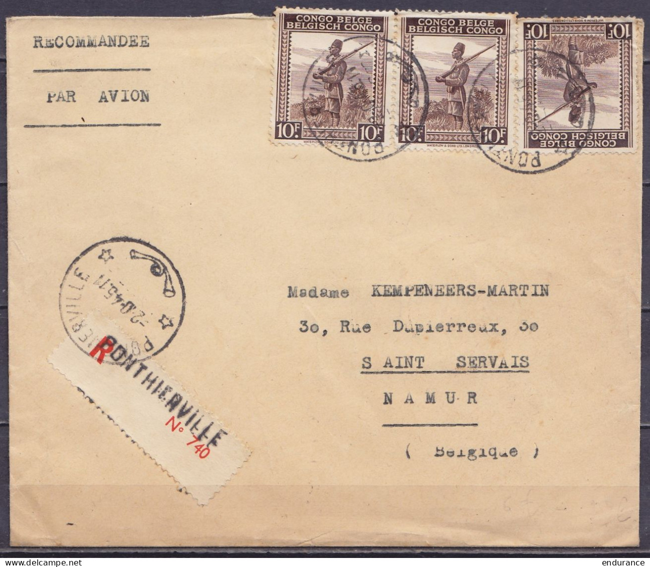 Congo Belge - Env. Recommandée Par Avion De Wamba Kibali Affr. 3x N°266 Càd PONTHIERVILLE/-2.10.1945 Pour SAINT-SERVAIS  - Cartas & Documentos