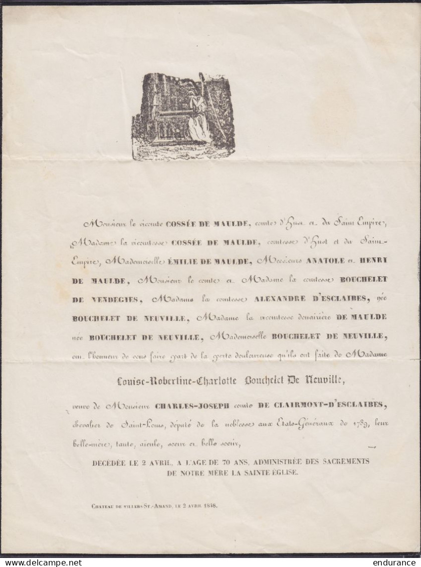 Faire-part De Décès Càd ATH /7 AVRIL 1848 Pour Baron De Warenghien à DOUAI France - [P.P.] - Càd "BELGIQUE / LILLE" & Po - 1830-1849 (Belgica Independiente)