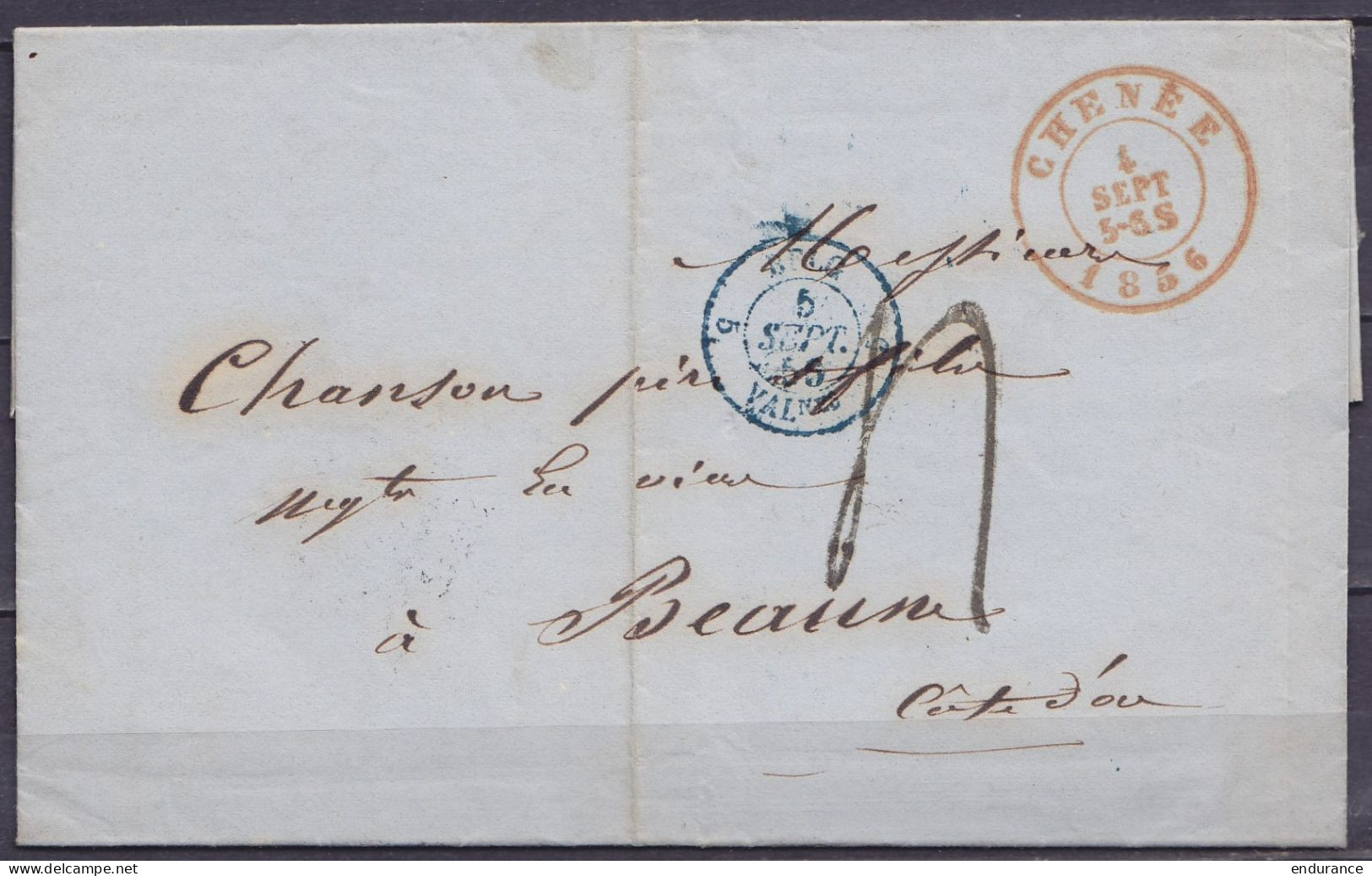 L. Càd CHENEE /4 SEPT 1836 Pour BEAUNE Côte D'Or - Càd "BELG.5 /Valnes" - Port "4" (au Dos: Càd Ambulant "PARIS A LYON"  - 1830-1849 (Unabhängiges Belgien)