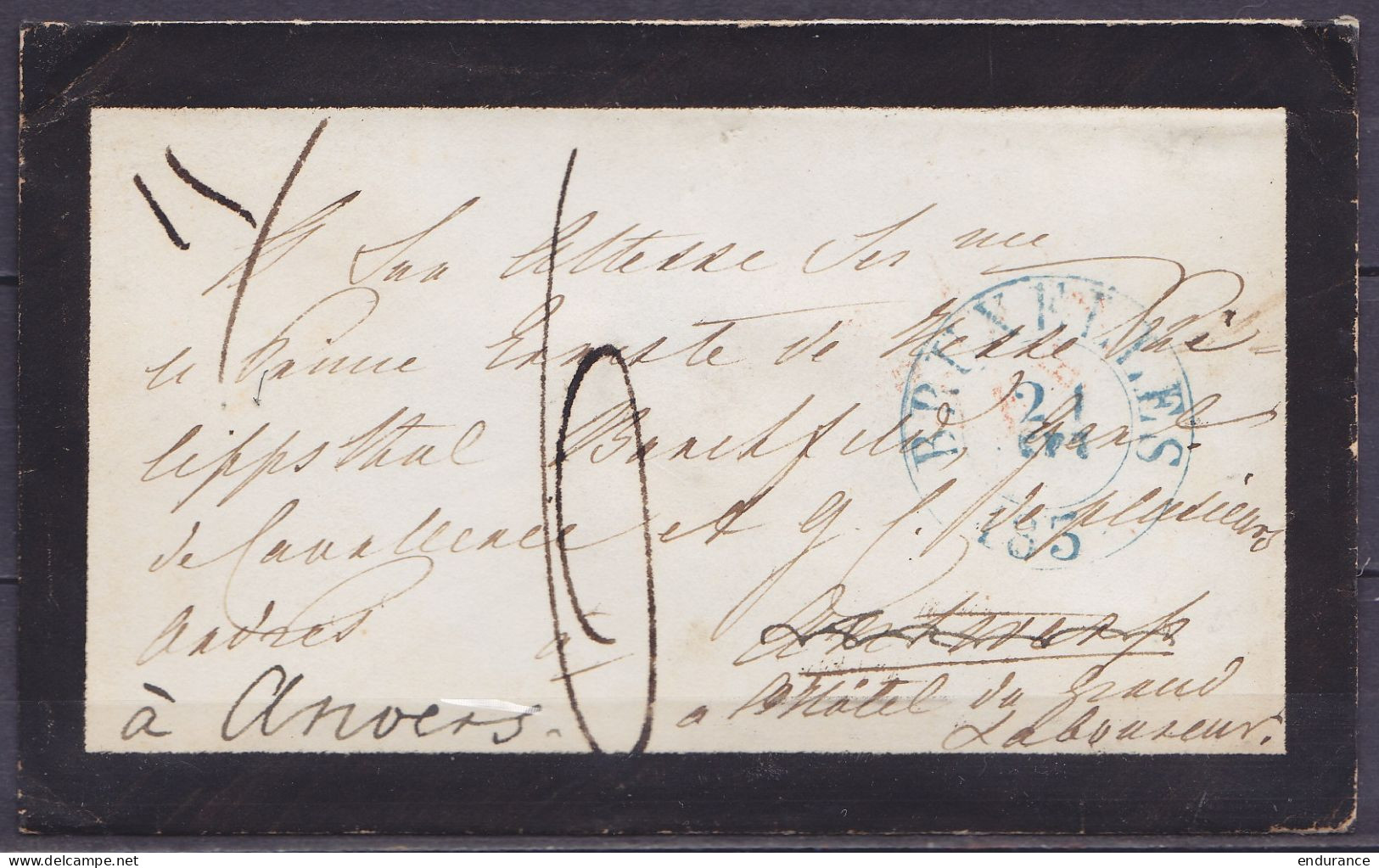 Env. Deuil Càd BRUXELLES /21 SEPT 1837 Pour ANTWERP Réexpédiée - Port "6" (au Dos: Càd Arrivée ANVERS) - 1830-1849 (Belgique Indépendante)