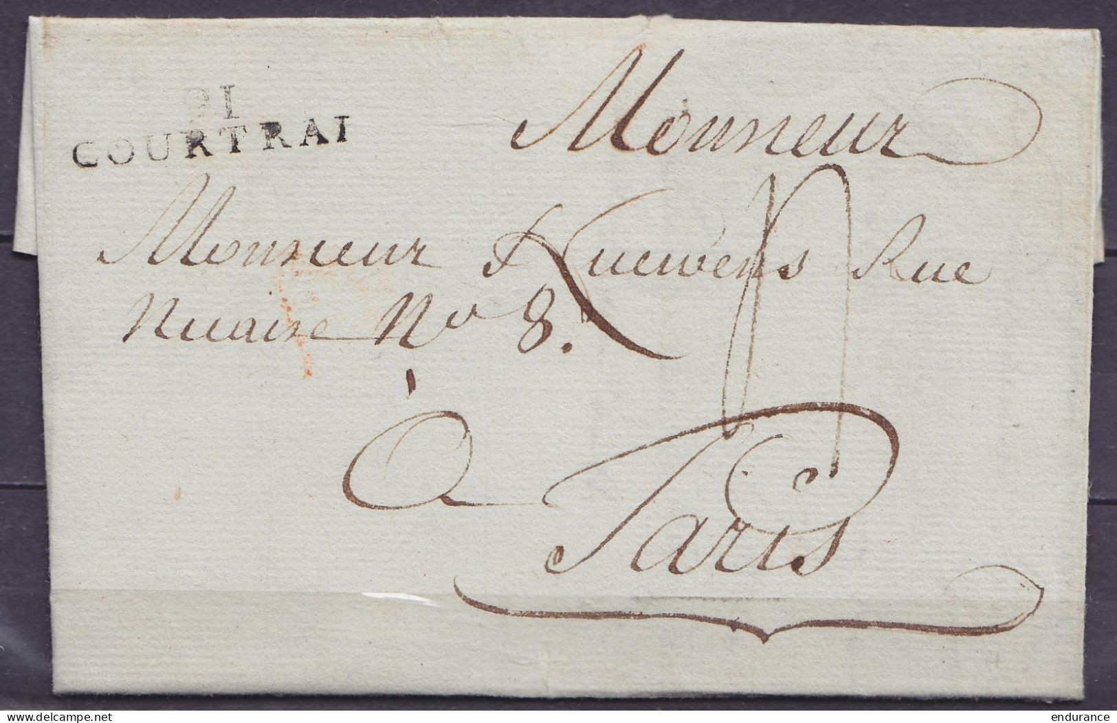 L. Datée 12 ? An 2 De HARELBEKE Pour PARIS - Griffe "9I/ COURTRAI" - Port "4" (au Dos: Cachet Date Arrivée PARIS - 1794-1814 (Französische Besatzung)