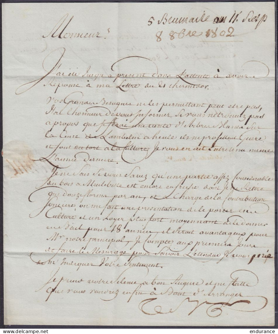 L. Datée 12 ? An 2 De HARELBEKE Pour PARIS - Griffe "9I/ COURTRAI" - Port "4" (au Dos: Cachet Date Arrivée PARIS - 1794-1814 (Periodo Frances)