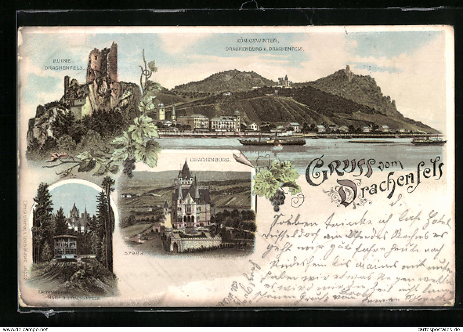 Lithographie Königswinter, Ruine Drachenfels, Drachenburg U.Drachenfels, Zahnradbahn, Dampfer, Weinverzierung  - Koenigswinter