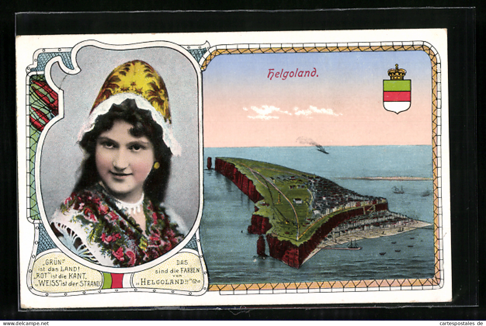 AK Helgoland, Panorama Der Insel, Helgoländerin In Tracht, Wappen, Spruch  - Helgoland
