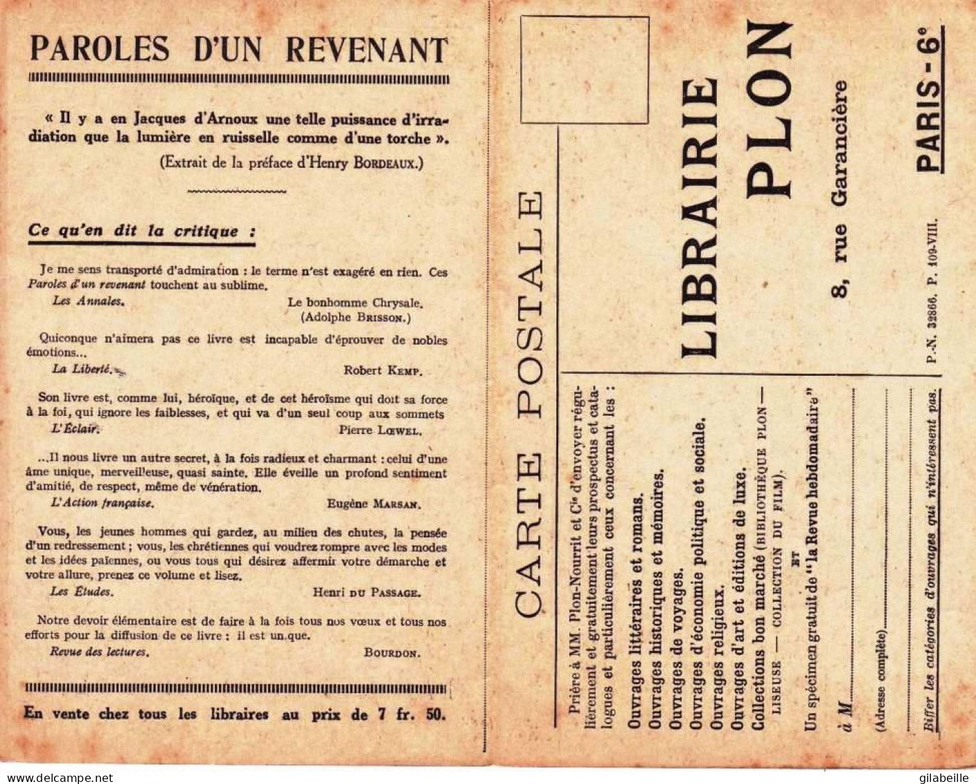 Publicité - Litterature - Ecrivain - Roman - Librairie  - Jacques D'Arnoux - Paroles D Un Revenant - Carte Double - Advertising