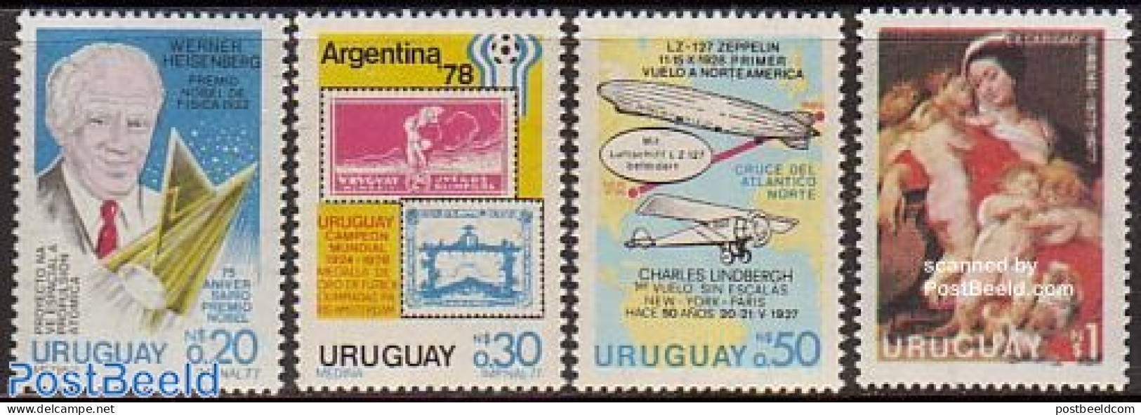 Uruguay 1977 Mixed Issue 4v, Mint NH, History - Transport - Nobel Prize Winners - Stamps On Stamps - Aircraft & Aviati.. - Nobelpreisträger