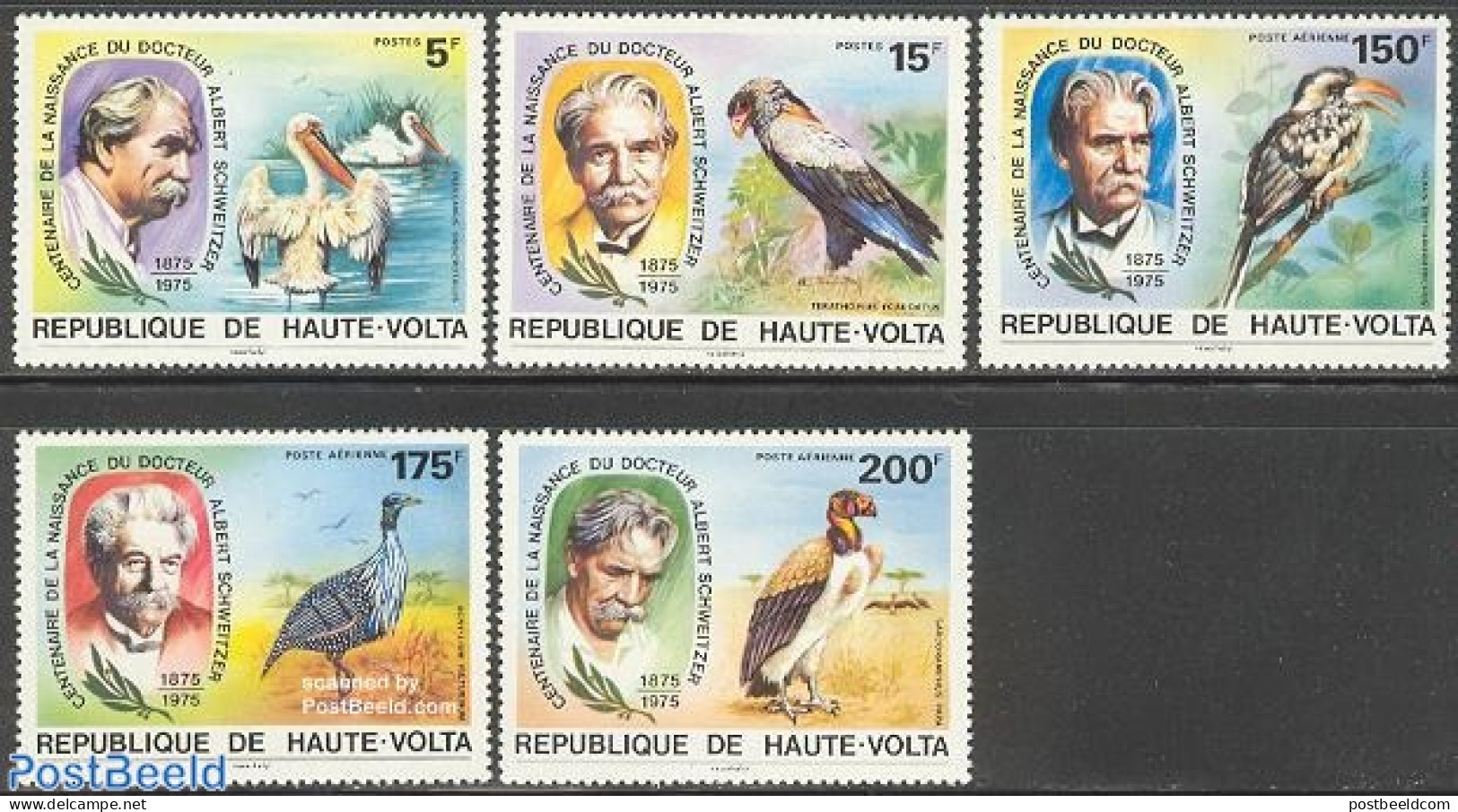 Upper Volta 1975 Albert Schweitzer 5v, Mint NH, Health - History - Nature - Health - Nobel Prize Winners - Birds - Bir.. - Prix Nobel