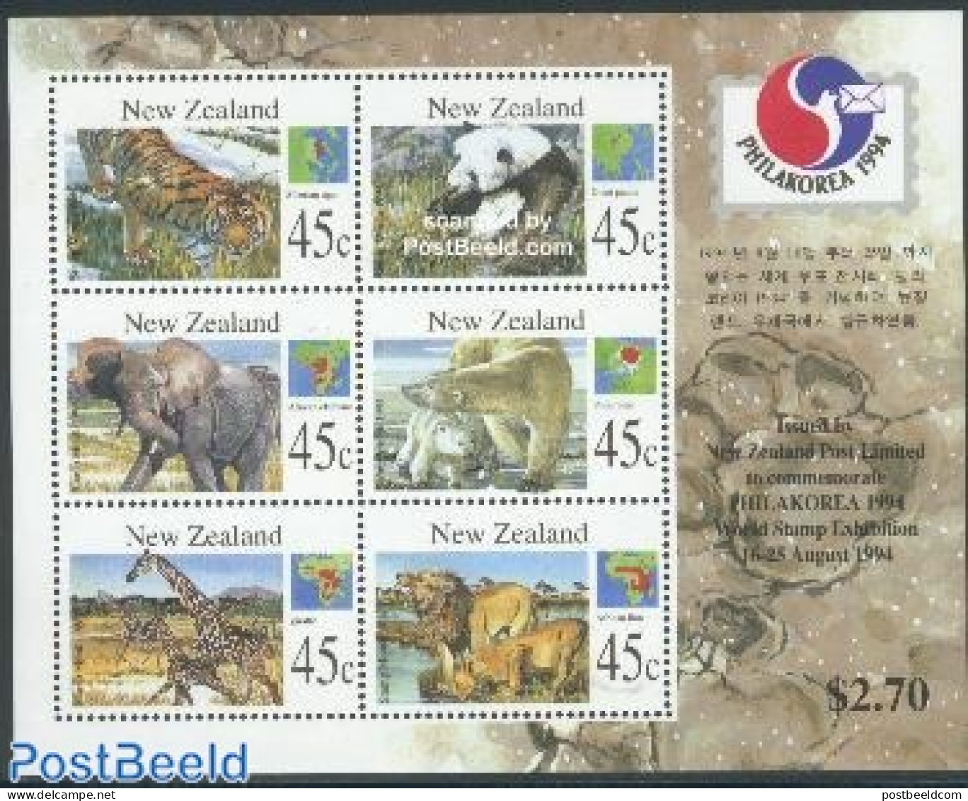 New Zealand 1994 Philakorea, Mammals S/s, Mint NH, Nature - Animals (others & Mixed) - Bears - Elephants - Philately - Nuovi