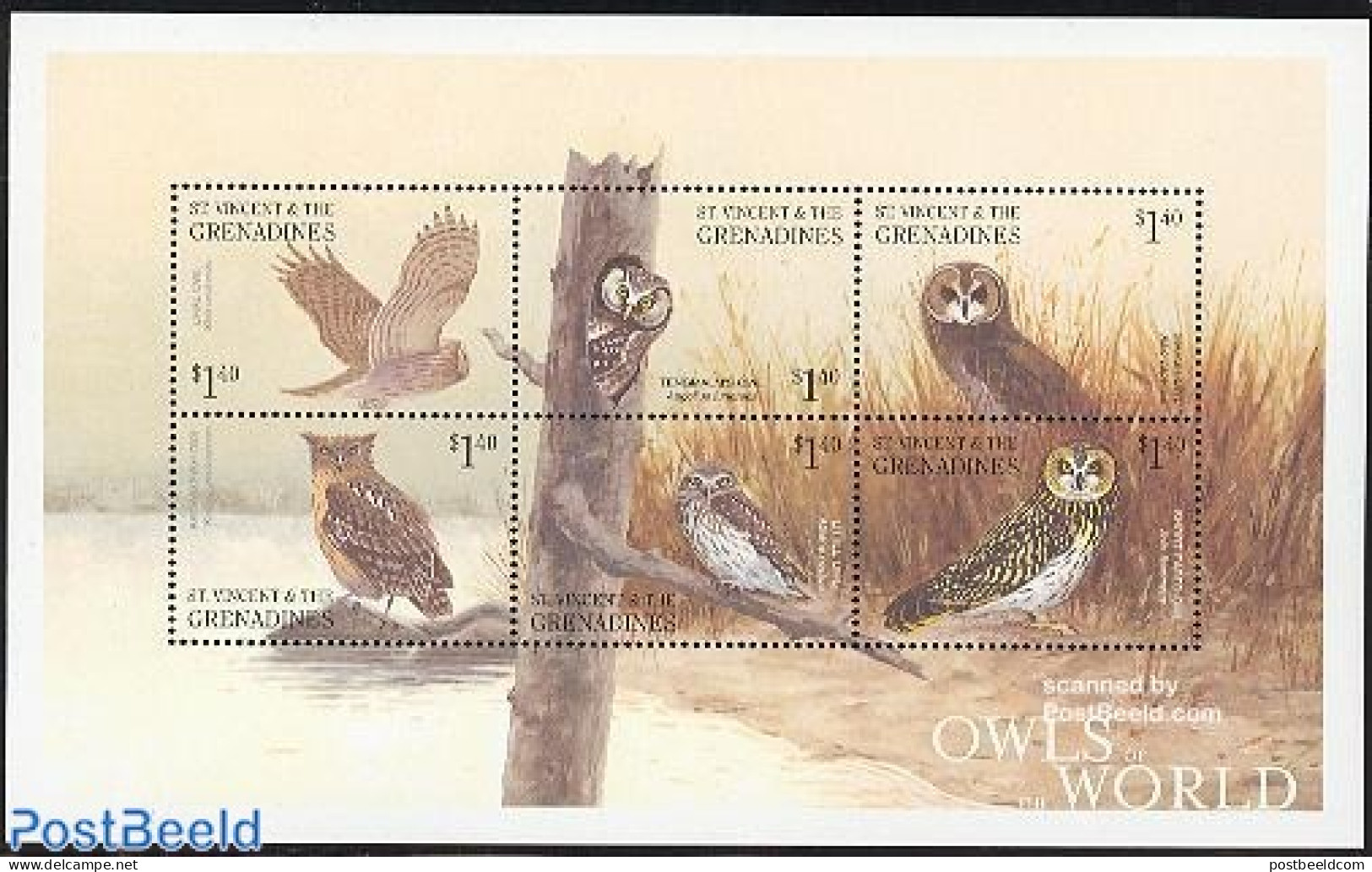 Saint Vincent 2001 Owls 6v M/s, Mint NH, Nature - Birds - Birds Of Prey - Owls - St.Vincent (1979-...)