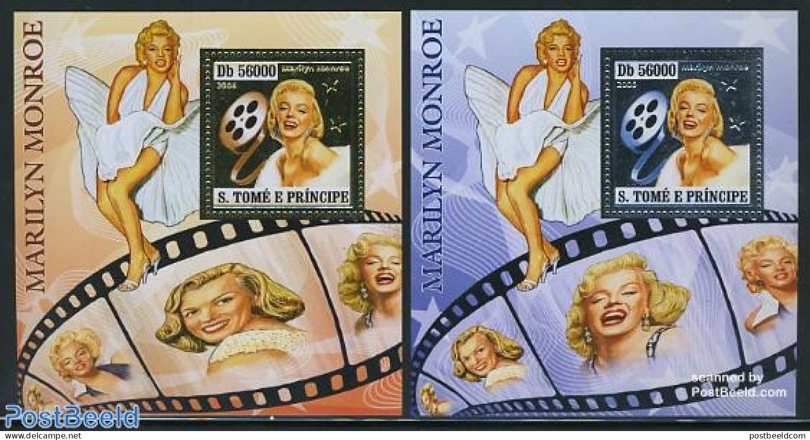 Sao Tome/Principe 2006 Marilyn Monroe 2x4v M/s (gold/silver), Mint NH, Performance Art - Film - Marilyn Monroe - Movie.. - Cinéma